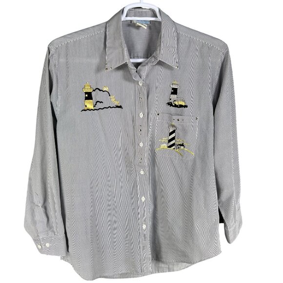 Las Olas Women Shirt L Lighthouse Embroidered Rhinestones Striped Nautical Artsy - Picture 7 of 16